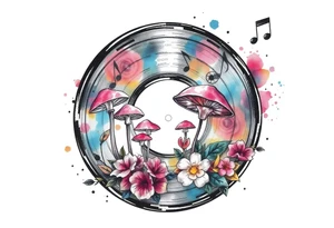 vinyl record with mushrooms, flowers, and music notes tattoo idea