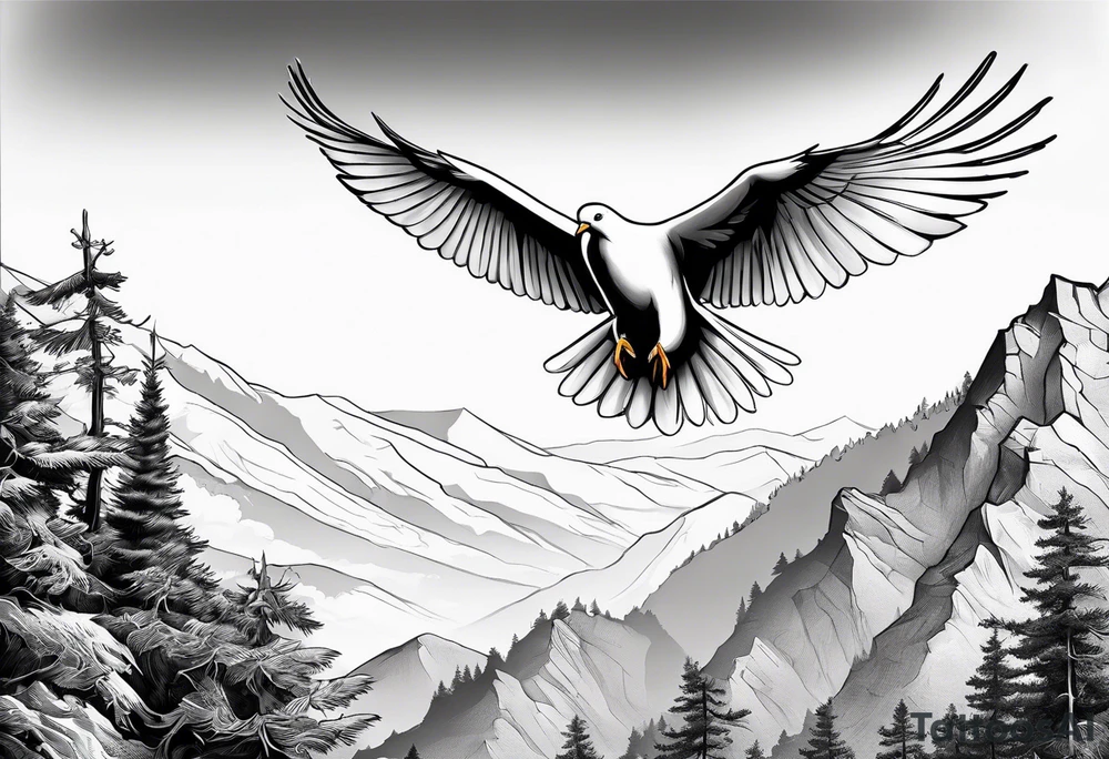 White Dove sitting on a branch at the top of the mountain with an eagle soaring overhead tattoo idea