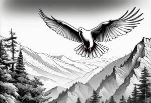 White Dove sitting on a branch at the top of the mountain with an eagle soaring overhead tattoo idea