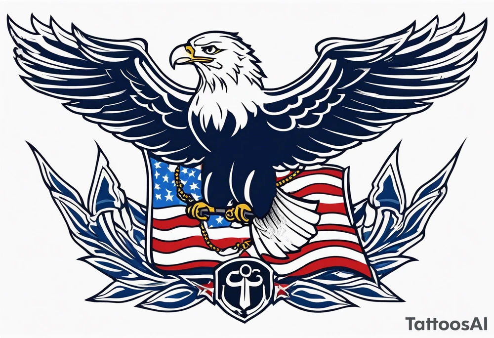 American eagle flying holding navy anchor and American flag tattoo idea