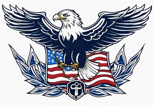 American eagle flying holding navy anchor and American flag tattoo idea