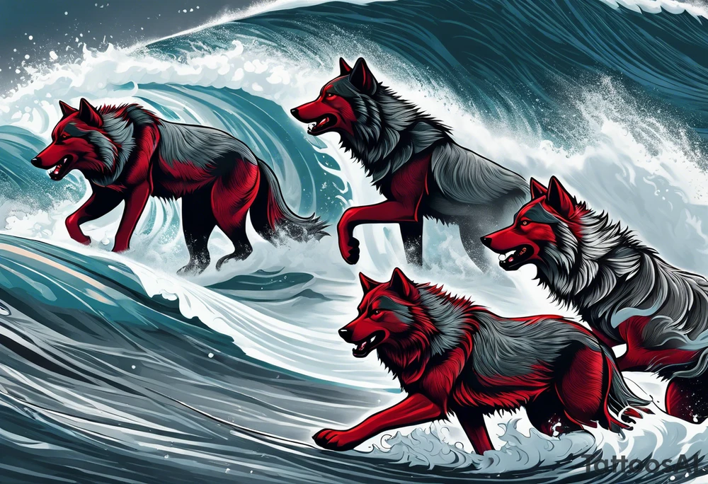 a pack of howling muscular  gray wolves surfing waves with a linear background with red, white and black and gray tattoo idea