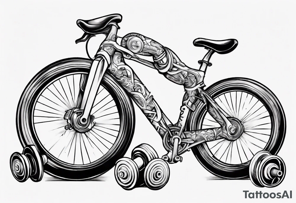 road bicycle on a mountain sitting on a dumbbell tattoo idea