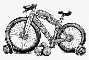 road bicycle on a mountain sitting on a dumbbell tattoo idea