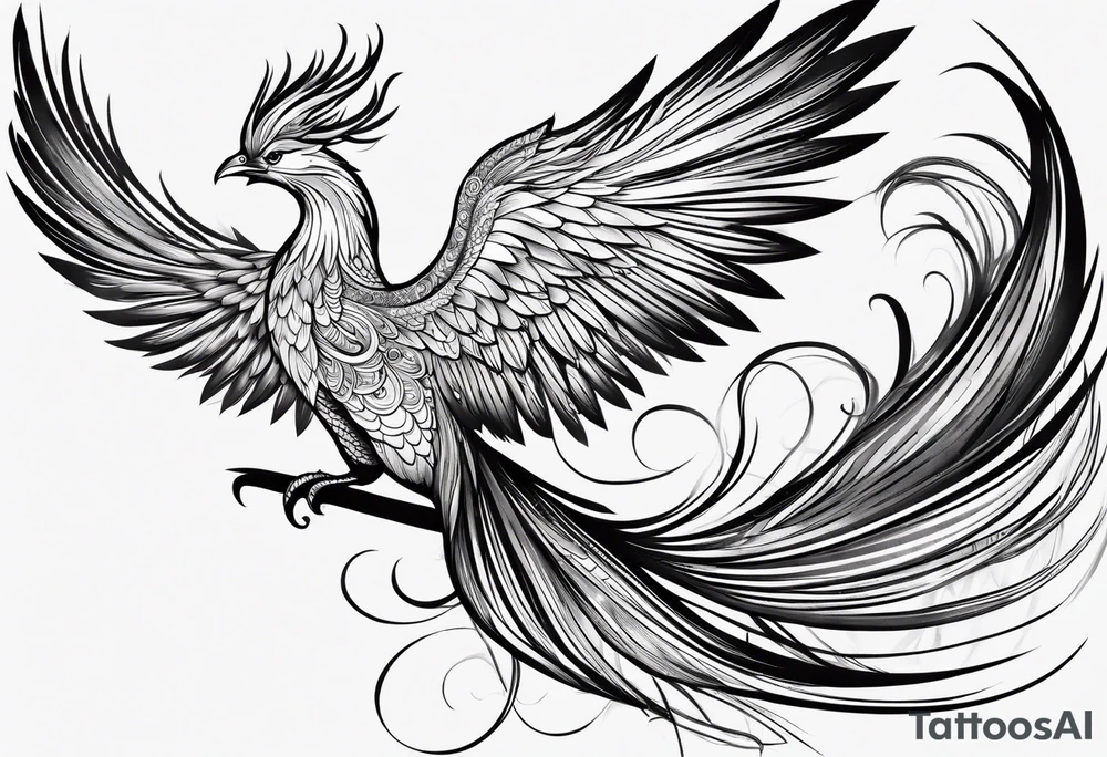 minimalist pheonix with long tail curling and feathers coming off tail tattoo idea