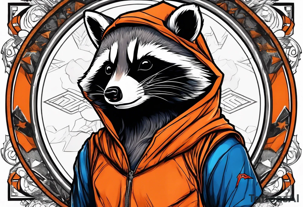 Raccoon wearing an orange Superman hoodie tattoo idea