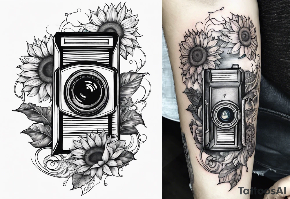 sunflower, book, camera, fish tattoo idea