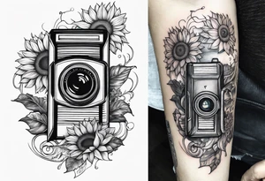 sunflower, book, camera, fish tattoo idea