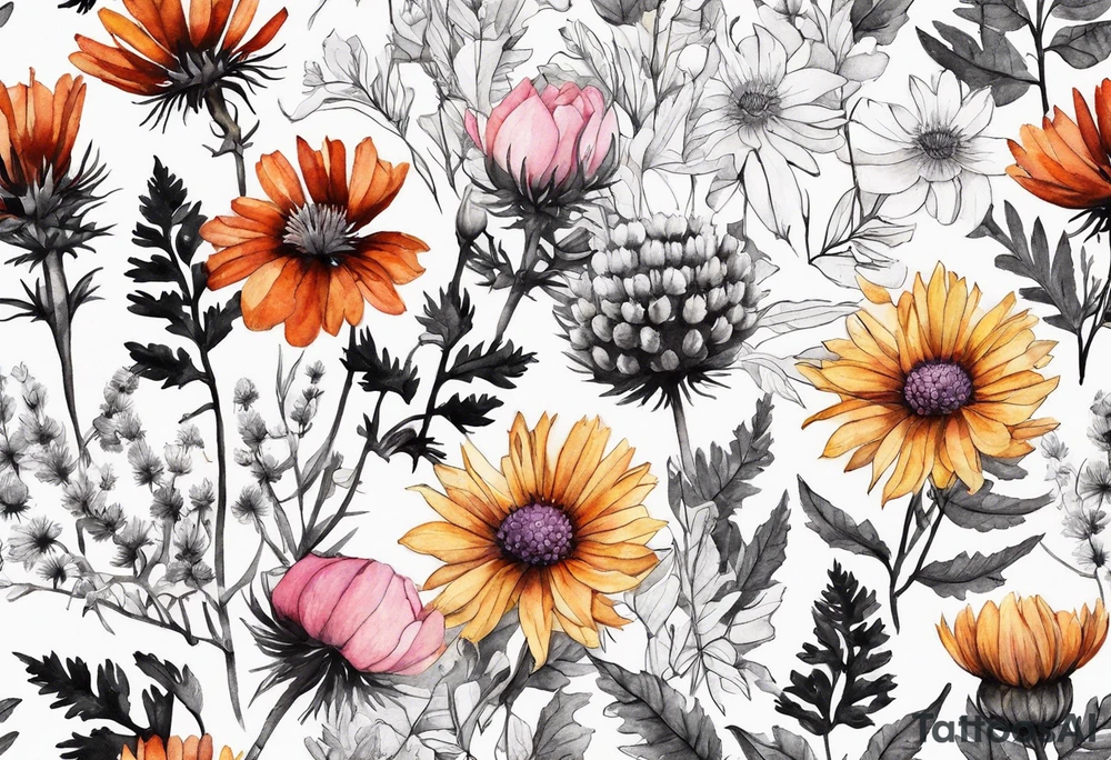 wildflowers with thistles, ferns, burnt orange flower, white flowers, pink flowers, red flowers and yellow flowers all in watercolor tattoo idea