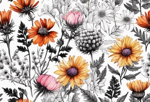 wildflowers with thistles, ferns, burnt orange flower, white flowers, pink flowers, red flowers and yellow flowers all in watercolor tattoo idea