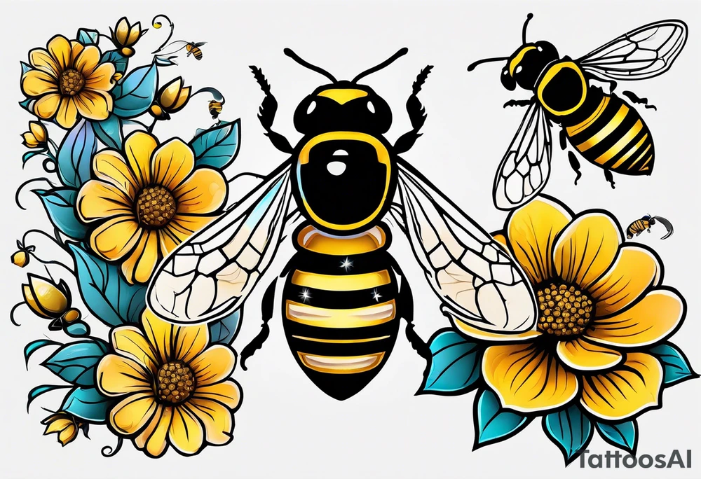 a tattoo with beehive flowers bees and queen bee signifying a mothers love guidance and bond with her daughters and granddaughter tattoo idea