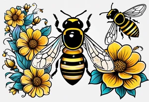 a tattoo with beehive flowers bees and queen bee signifying a mothers love guidance and bond with her daughters and granddaughter tattoo idea