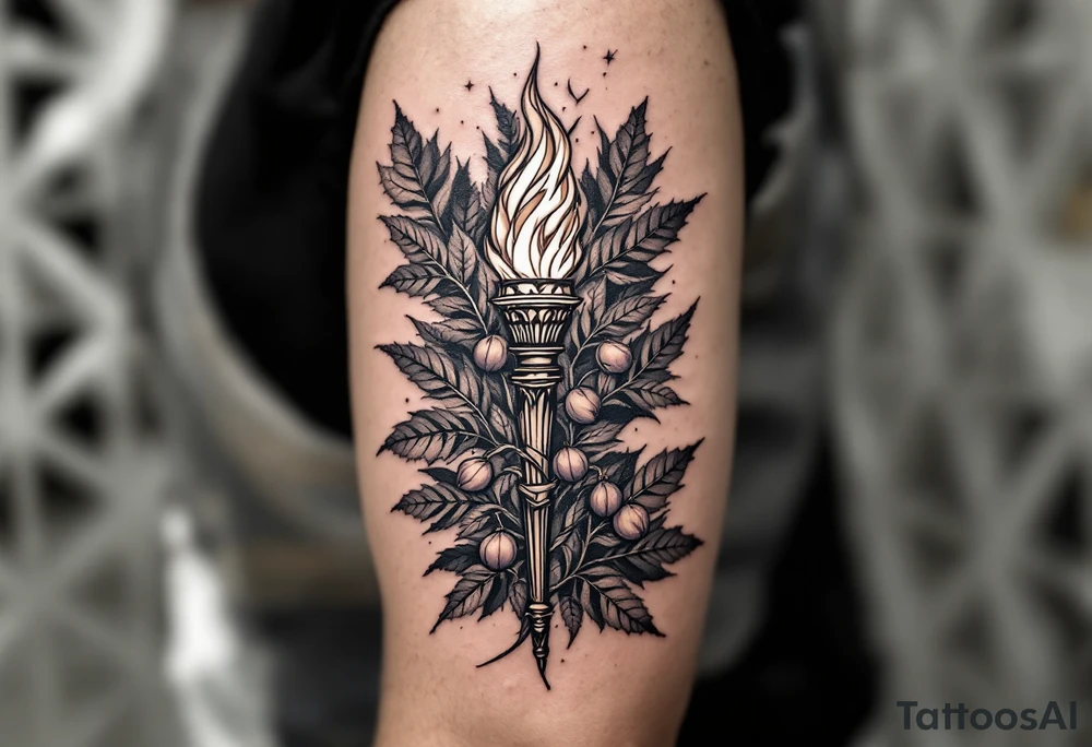 Leadership torch with a background of a lot of fig leaves tattoo idea