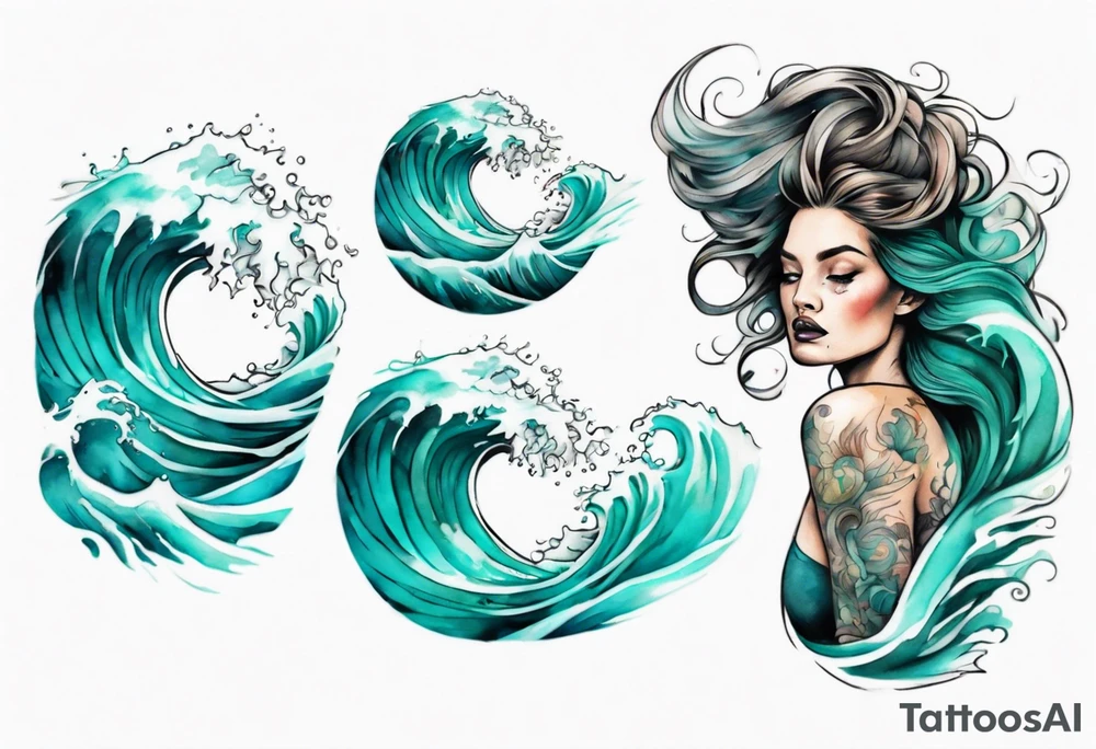 a crashing wave that turns into a turquoise woman tattoo idea