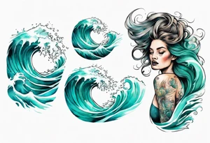 a crashing wave that turns into a turquoise woman tattoo idea