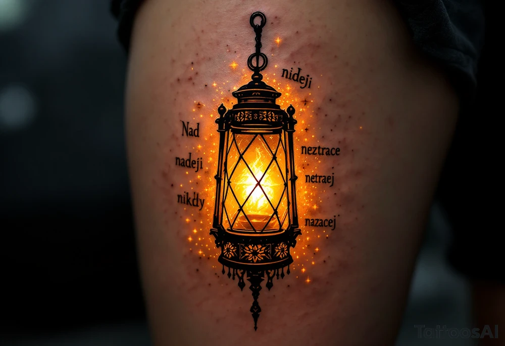 "Nad nadeji nikdy neztracej nadeji." — A glowing lantern in darkness, inked in warm yellows and golds, lighting up the quote around it in clean black serif. tattoo idea