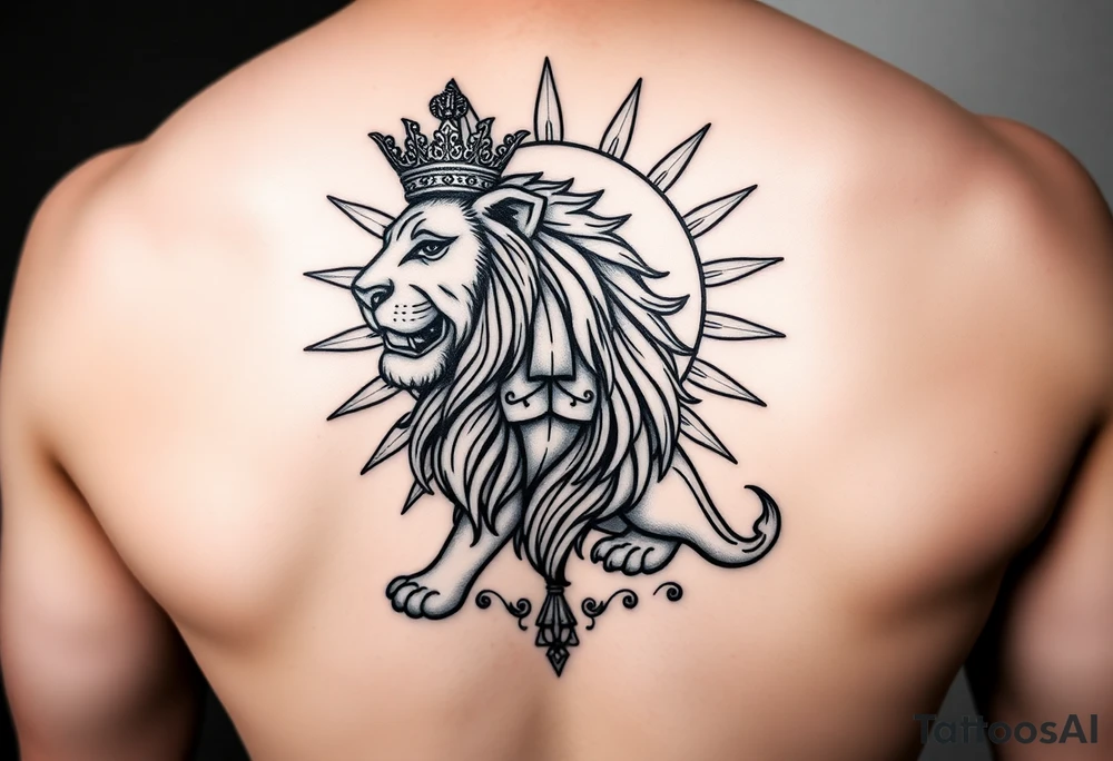 A majestic Persian lion with a radiant sun behind it, inspired by the ancient 'Lion and Sun' emblem of Iran. The lion wears a regal Persian crown, symbolizing power and sovereignty. The design elegantly incorporates the 'Faravahar' symbol, blending its wings and spiritual elements into the composition. The artwork is intricate, with fine ornamental Persian patterns, evoking a historical yet modern tattoo style. The atmosphere is grand, with a bold blackwork and neo-traditional tattoo aesthetic.
faravahar and lion tattoo idea