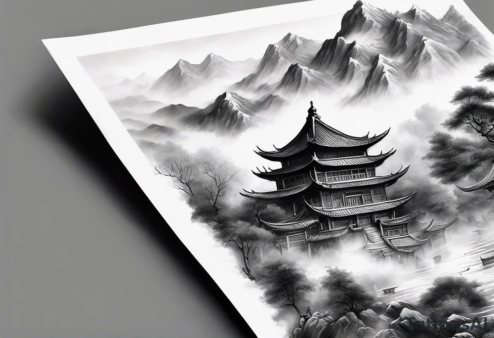 forearm sleeve traditional chinese art painting style autumn mountains mist fog water Chinese temple two figures wearing robes tattoo idea