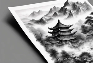 forearm sleeve traditional chinese art painting style autumn mountains mist fog water Chinese temple two figures wearing robes tattoo idea