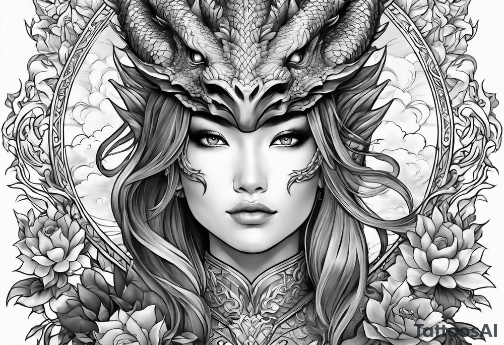 beautiful warrior woman wearing dragon armor and a floral background and a dragon a full picture tattoo idea