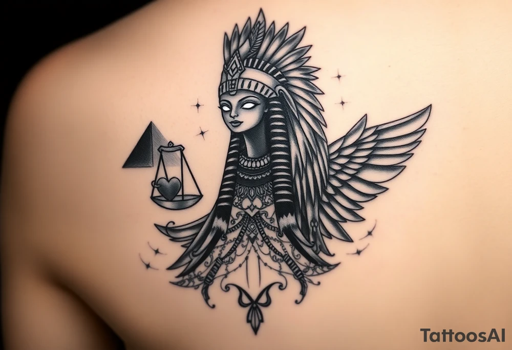 “Super realistic black and grey tattoo of the Egyptian goddess Ma’at, depicted as a regal woman with an ostrich feather headdress, intense glowing eyes, and intricate ancient Egyptian jewelry. She stands or floats amidst swirling cosmic energy and beams of light, with subtle hieroglyphics and pyramids in the background. Incorporate the Scales of Justice—one side holding a heart, the other Ma’at’s feather—glowing with ethereal energy. Emphasize dramatic lighting, deep shadows, and surreal, mystical atmosphere to match a sleeve with Anubis and cosmic motifs. Design should flow with existing sleeve art, using soft transitions and layered textures. tattoo idea