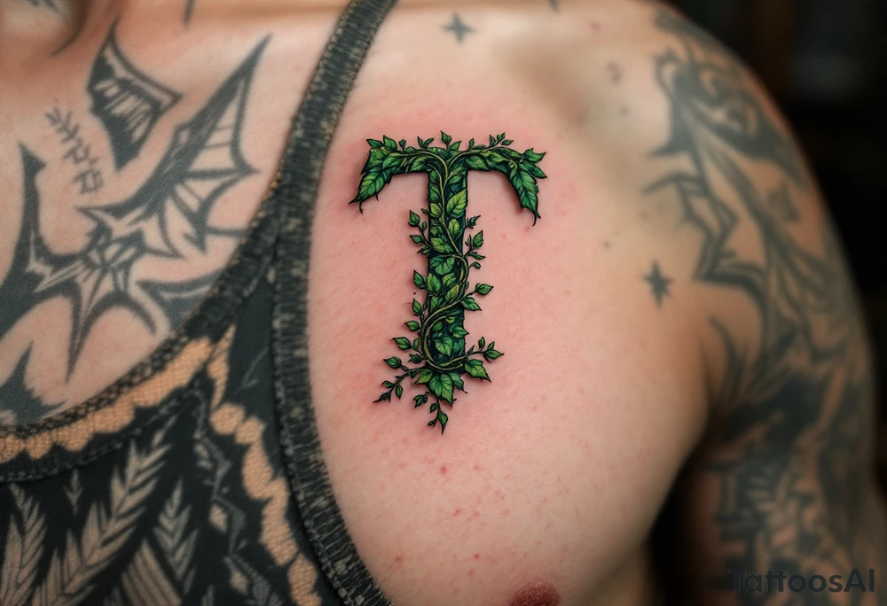 A leaf-textured "T" in forest green with tiny vines wrapping around it. tattoo idea