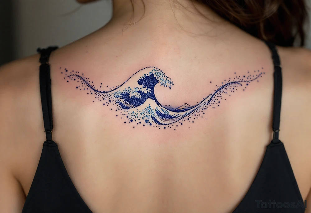 A dotwork-style wave in dark blue ink spans the back of the neck subtly. tattoo idea