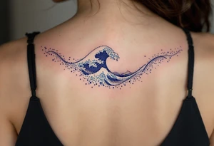 A dotwork-style wave in dark blue ink spans the back of the neck subtly. tattoo idea