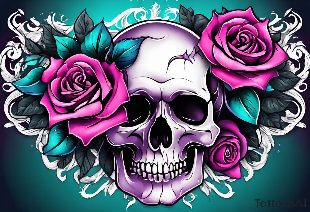 roses, skulls, teal, pink, purple tattoo idea