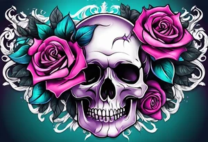 roses, skulls, teal, pink, purple tattoo idea
