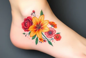 a colorful, vibrant, watercolor tattoo with one red rose, one orange lily, one gold marigold, and one orange cosmos flower and with splashes of color tattoo idea