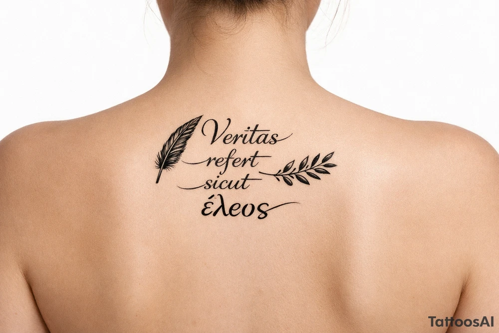 Veritas refert sicut ἔλεος on mid back slightly to the right with the words stacked not perfectly aligned with a delicate but clear quill at the beginning and an olive branch at the end and there should be Elegant curvature as a vibe do not connect anything Think ballet chic black Swan tattoo idea