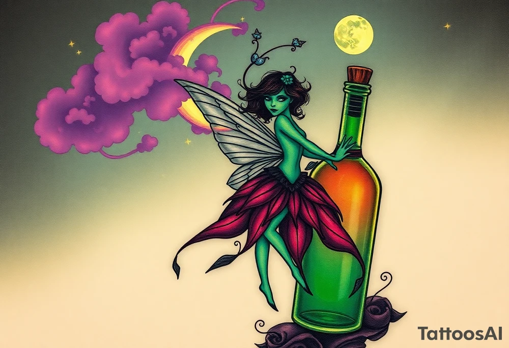 Tim Burton’s kelly doty pin up style Vintage Parisian elegant and hauntingly beautiful yet eerie full body absinthe Green Fairy dances outside her victorian crystal decatur she was once inside this elaborate ornate bottle absinthe bottle Absinthe Art Nouveau   and dripping with muted reds, dusty pinks, and eerie green glow.purple and cyan smokey clouds swirl in the crescent moonlit sky thats sprinkled with stars tattoo idea
