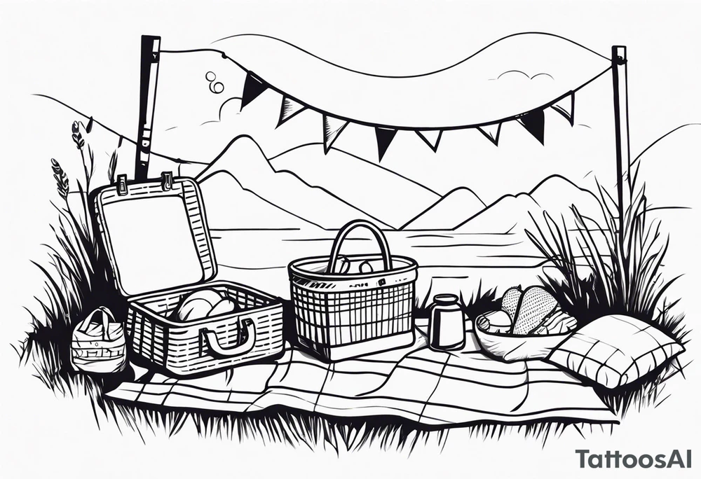 minimalstic picnic scene with a blanket on the ground with one picnic-basket, one backpack, pillows and party pennants. Thin lines. tattoo idea