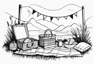 minimalstic picnic scene with a blanket on the ground with one picnic-basket, one backpack, pillows and party pennants. Thin lines. tattoo idea
