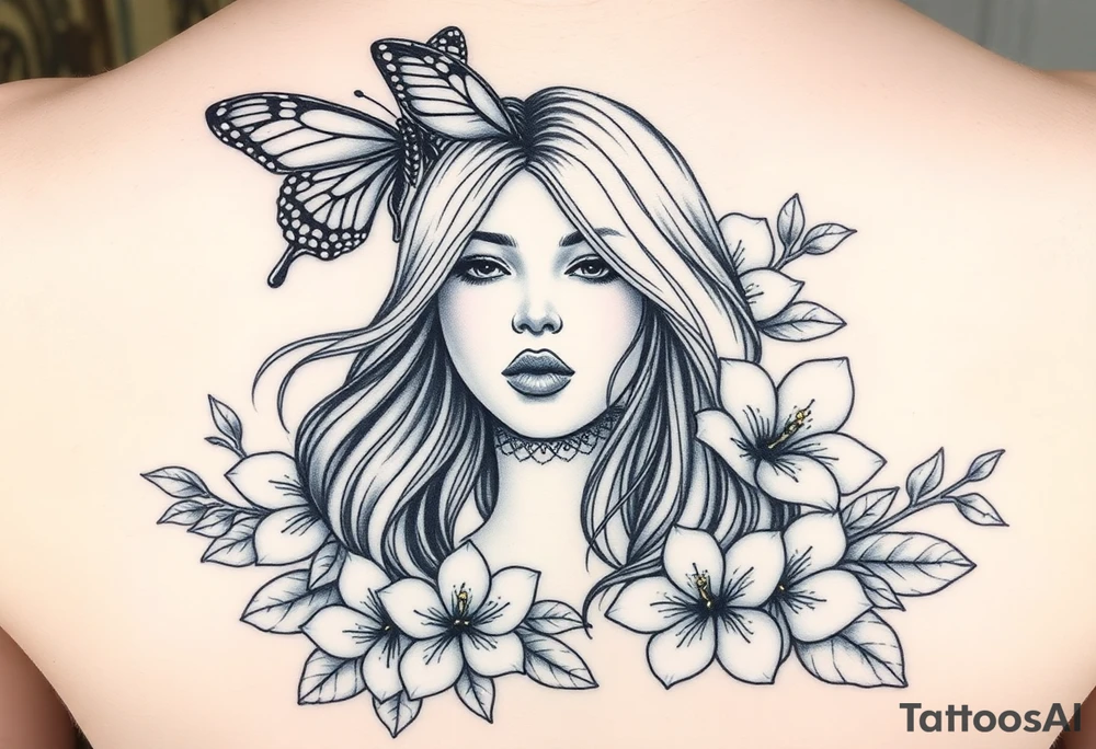 In the center above and flying butterfly that is bigger then flowers but not too big and then and flowers continue right under neath that a women with ling hair flowing her eyes are covered and not seen because the big butter fly avouve is covering her eyes so all you see is her small nose and her lips but her lips are sown shut like stiches and she has her hands covering bother her ears rose bush mixed with some Beautiful pink plumeria tattoo idea