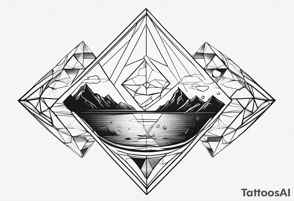 thick line art of space and nature in diamond shape tattoo idea