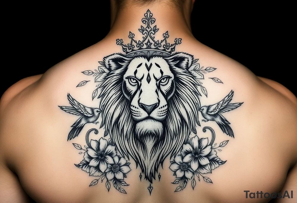 powerful majestic lion with a crown, surrounded by floral ornaments and birds tattoo idea