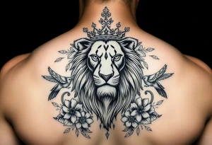 powerful majestic lion with a crown, surrounded by floral ornaments and birds tattoo idea