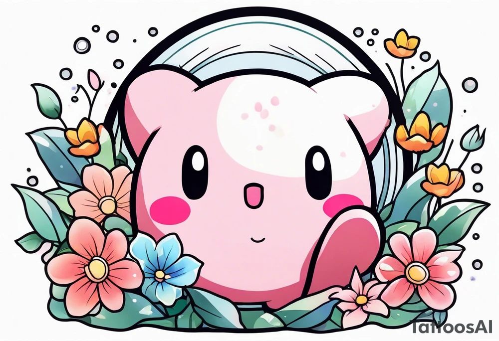floating Kirby surrounded by flowers in a crystal tattoo idea