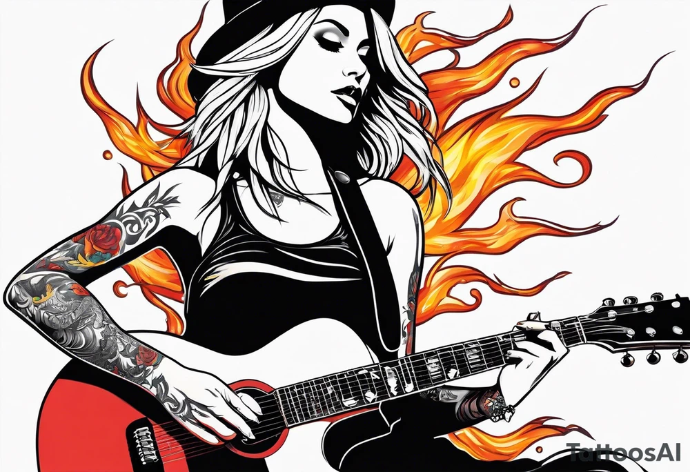 blonde female rock star guitar player black clothes with fire tattoo idea