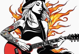 blonde female rock star guitar player black clothes with fire tattoo idea