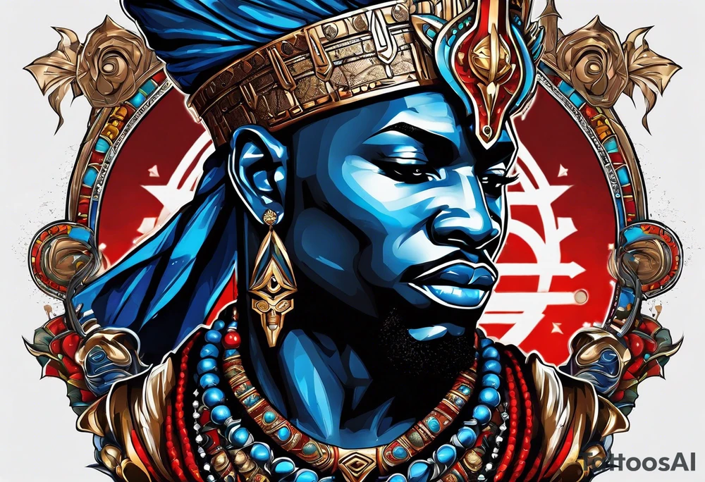 An african god, a bald black-skinned warrior, that uses a sword and a silver crown. He also uses blue and red necklaces tattoo idea