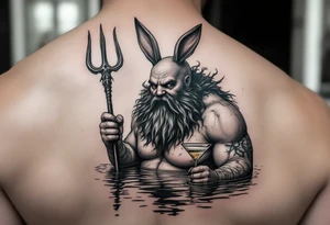 fat poseidon with trident half way in calm water with a martini and bunny ears tattoo idea