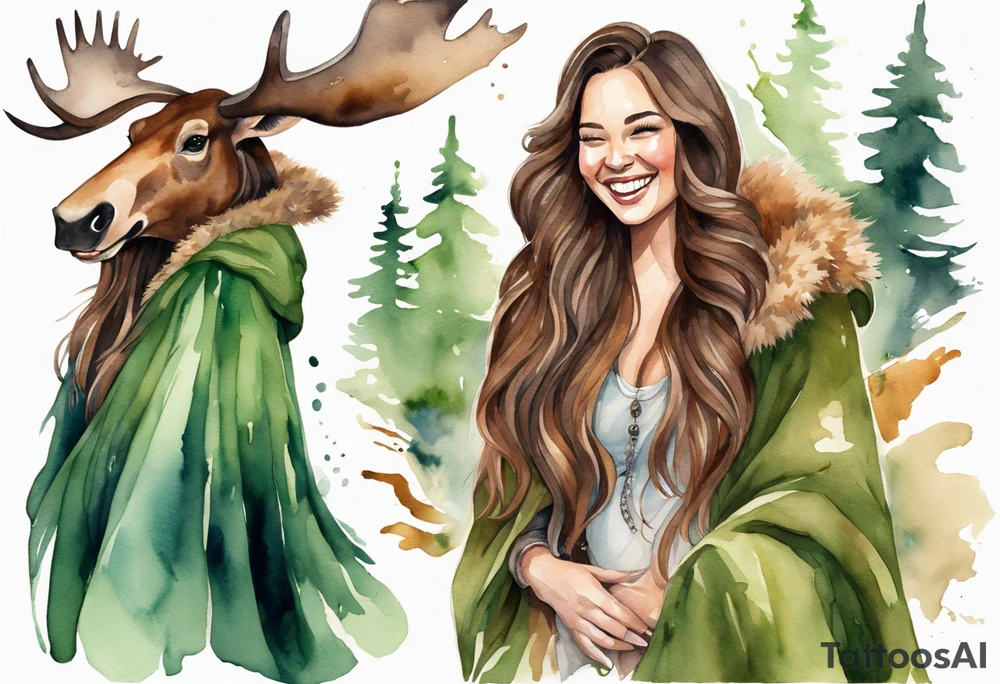 a watercolor of a curvy woman with long brown hair and brown skin and green eyes wearing a fur cloak laughing riding a moose tattoo idea
