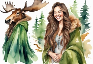 a watercolor of a curvy woman with long brown hair and brown skin and green eyes wearing a fur cloak laughing riding a moose tattoo idea