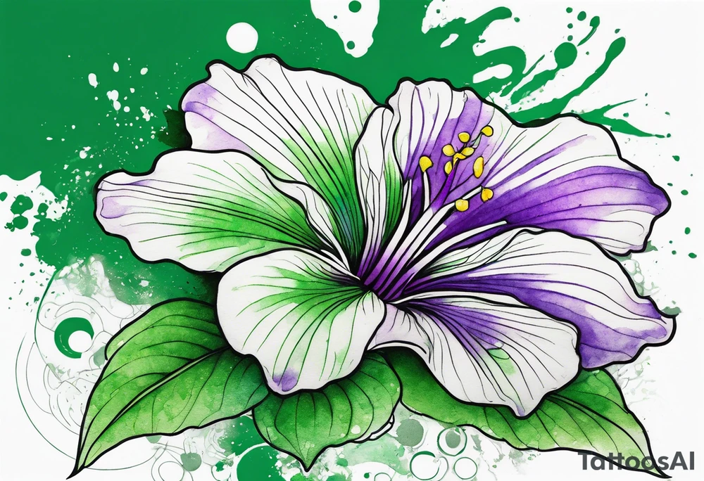 An outline of a green and purple rio dipladenia flower with a mystical green/purple watercolor splash in the background tattoo idea
