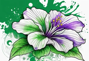 An outline of a green and purple rio dipladenia flower with a mystical green/purple watercolor splash in the background tattoo idea