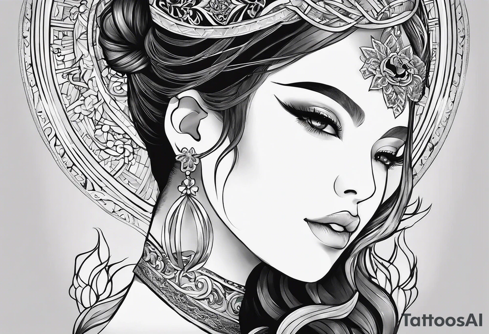 I want a fine line, feminine but very powerful tattoo. I want it to feel oriental and decorative. I want the image to portray a powerful story from the Bible. I want the tattoo to look peaceful and glowy. It has to tell a biblical story tattoo idea