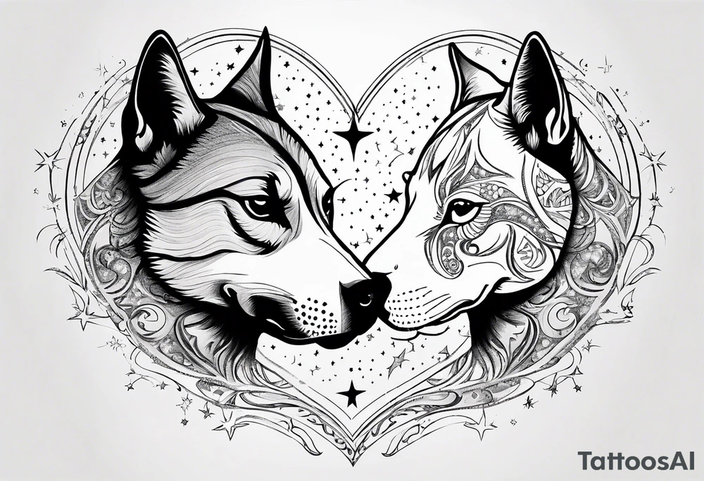 Sun and moon face romantic kiss or hug
With a pawprint pathway going to 2 cat and pitbull dog face surrounded with intergalactic Stars and infinite love bond tattoo idea